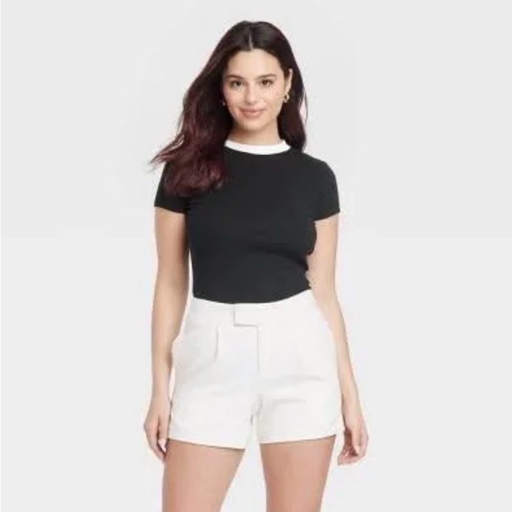 a new day Black Short-Sleeve Mock Neck Top with White Trim